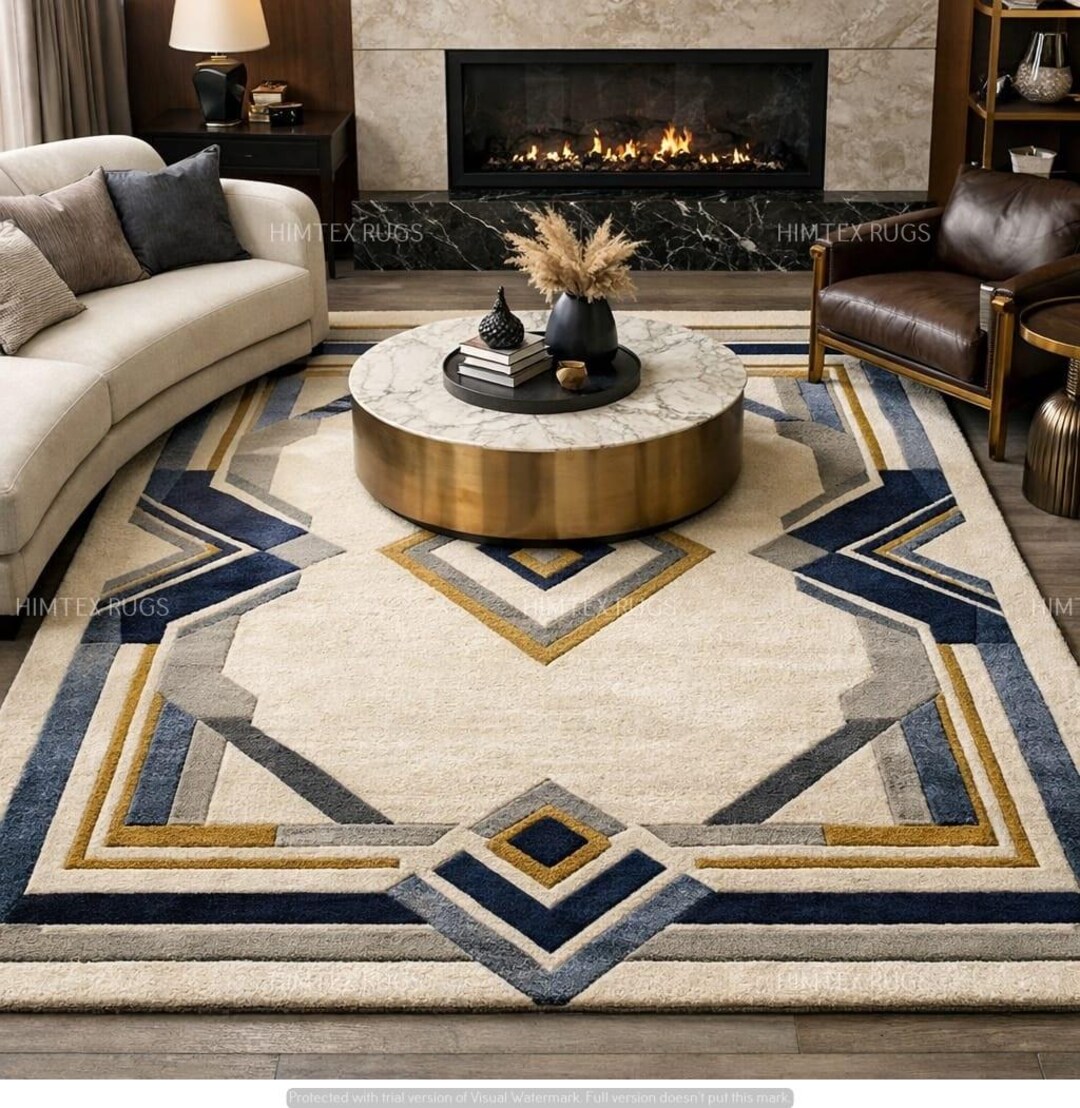 Modern Geometric Ivory Blue Hand Tufted Wool Rug Abstract Minimalist ...