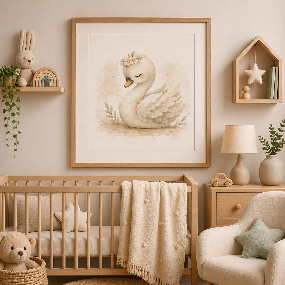 Baby Swan Nursery Art Print – Neutral Woodland Animal Decor (matte ...