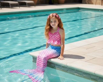 Mermaid Scale Tail | Ombre Mermaid Swimsuit for Kids | Girls Swimming Costume with Bikini Top