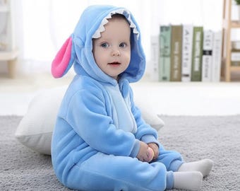 Stitch Character Romper | Blue Fleece Baby Onesie | Disney Infant Sleepsuit