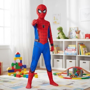 Puede incluir: Un disfraz completo de Spider-Man rojo y azul. El disfraz presenta una m&aacute;scara con lentes oculares blancas, un emblema de ara&ntilde;a negro y detalles de telara&ntilde;a. El traje lo lleva una persona en una habitaci&oacute;n con juguetes.