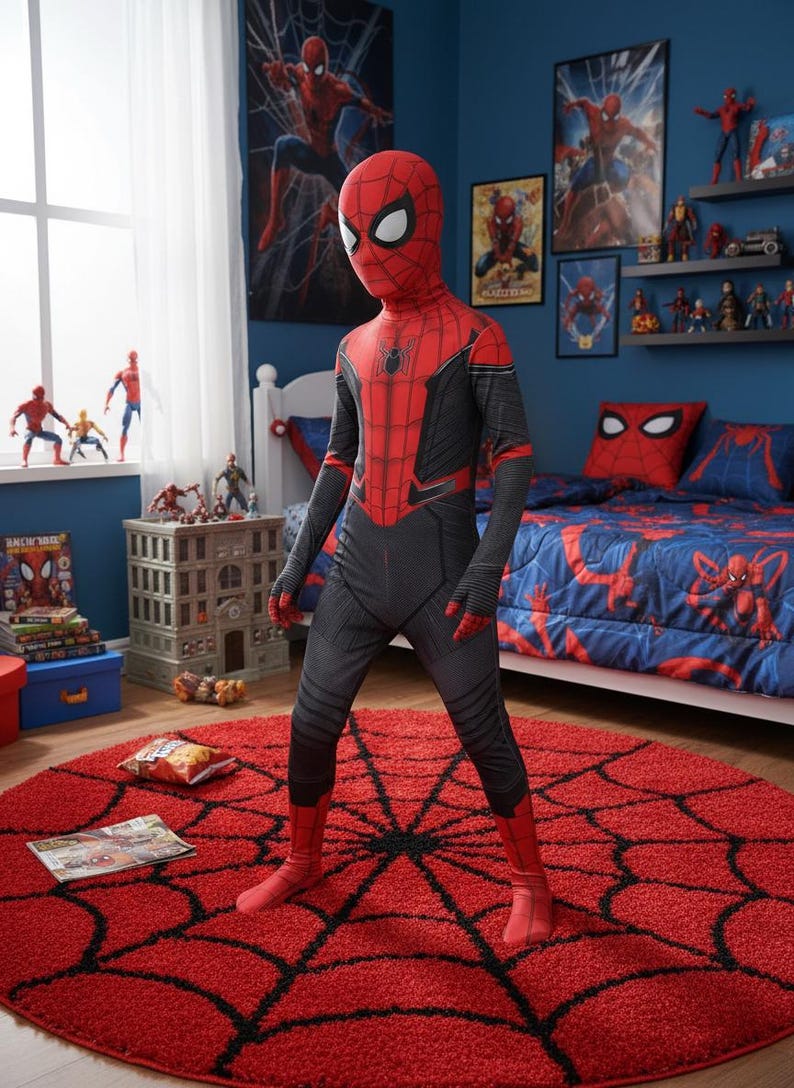 Spindelmannen-kostym | Röd & svart superhjältedräkt för barn | Halloween-klädsel för barn bild 3