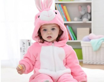 Pink Bunny Hooded Romper | Baby Rabbit Costume Onesie | Soft Infant Kigurumi Jumpsuit