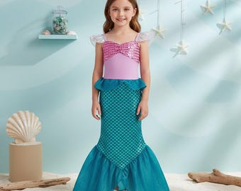 Mermaid Tail Costume | Pink Teal Sequin Dress | Girls Fantasy Play