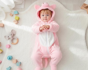 Soft Fleece Pig Baby Costume | Infant Animal Jumpsuit, Hooded Romper