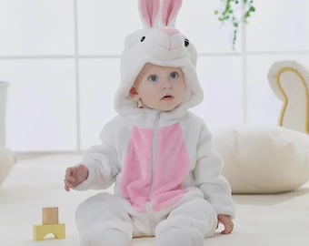 Costume da coniglietto per neonato / Tutina rosa e bianca in peluche / Tutina con cappuccio per neonato