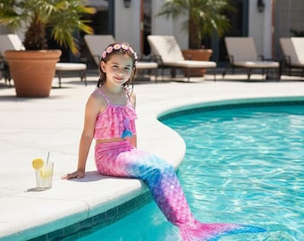 Mermaid Tail Swimsuit | Pink Blue Gradient | Girl's Swimmable Fin