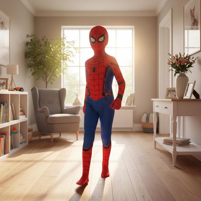 Puede incluir: Un disfraz completo de Spider-Man rojo y azul. El disfraz presenta una m&aacute;scara con detalles de ojos blancos, un emblema de ara&ntilde;a en el pecho y un patr&oacute;n de telara&ntilde;a. La persona lleva el disfraz sobre un suelo de madera.