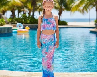 Sjöjungfrusvansbaddräkt | Rosa Blå Sjöstjärna Fjäll | Tvådelad Baddräkt för Flickor