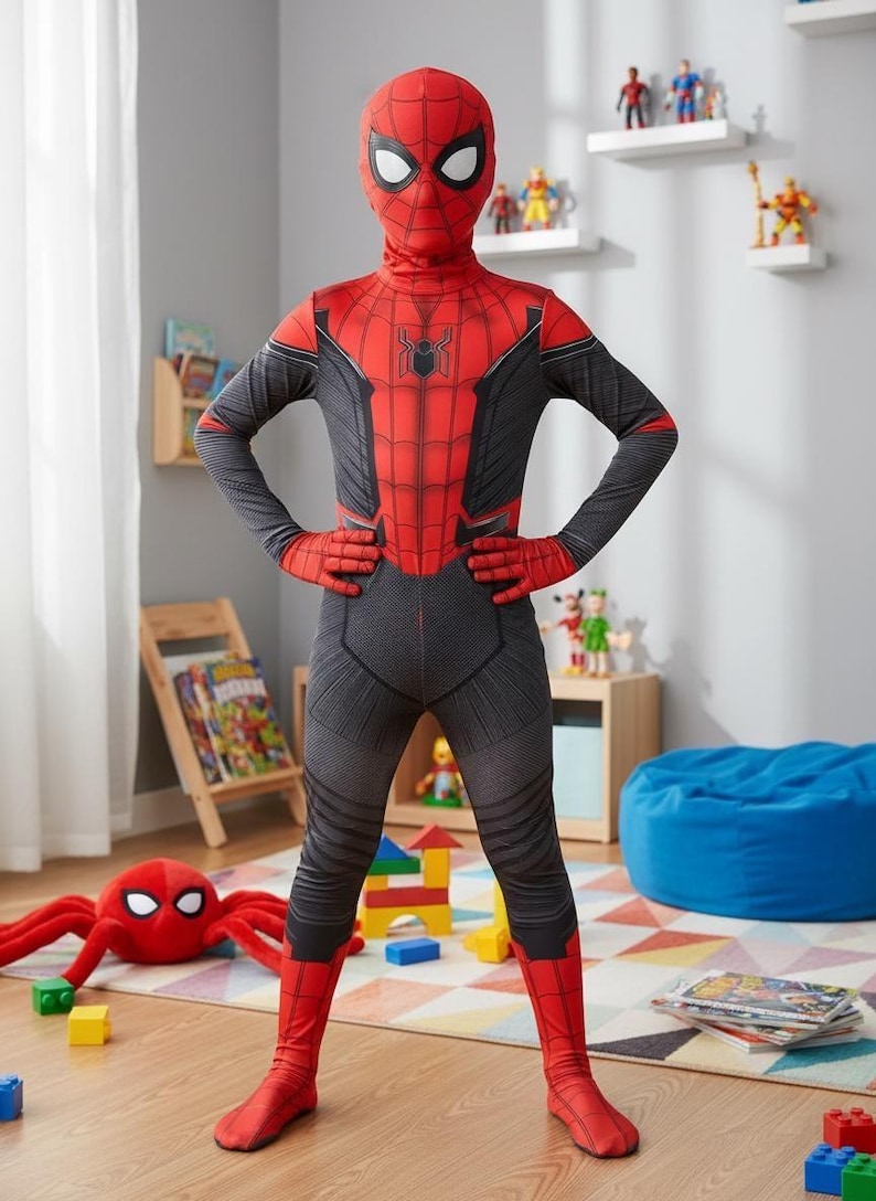 Spindelmannen-kostym | Röd & svart superhjältedräkt för barn | Halloween-klädsel för barn bild 1