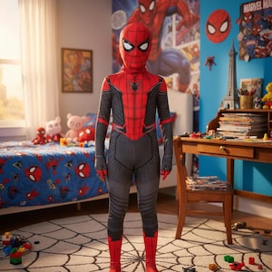 Spindelmannen-kostym | Röd & svart superhjältedräkt för barn | Halloween-klädsel för barn bild 5