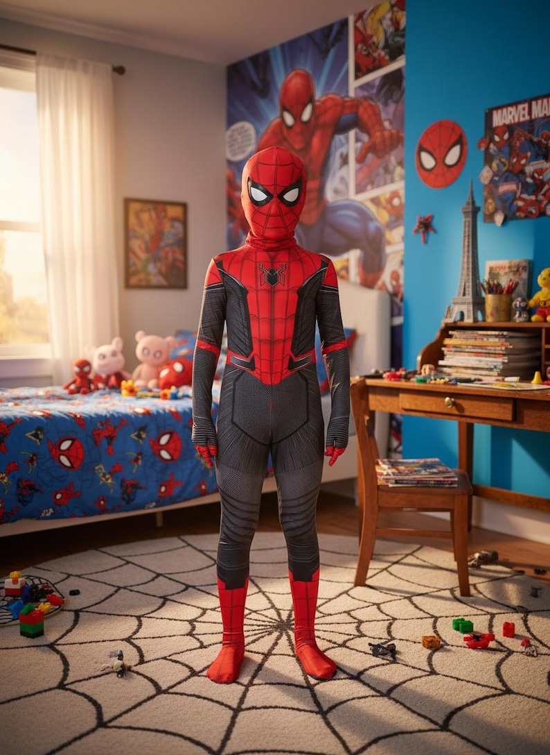Spindelmannen-kostym | Röd & svart superhjältedräkt för barn | Halloween-klädsel för barn bild 5