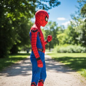 Puede incluir: Un disfraz de Spider-Man rojo y azul con m&aacute;scara completa. El disfraz presenta un patr&oacute;n de telara&ntilde;a en las &aacute;reas rojas. Una persona lleva el disfraz en un camino en un parque.