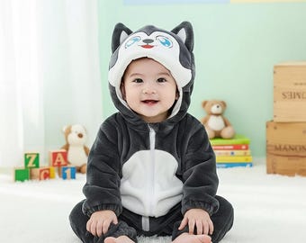 Husky Baby Romper | Cozy Fleece Animal Jumpsuit | Infant Toddler Winter Outfit
