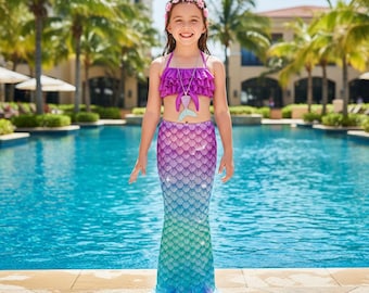Cola de sirena con purpurina / Traje de baño para niñas / Conjunto de bikini morado y turquesa