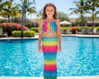 Rainbow Mermaid Tail Swimsuit | Girls Glitter Swimwear | Kids Summer Costume