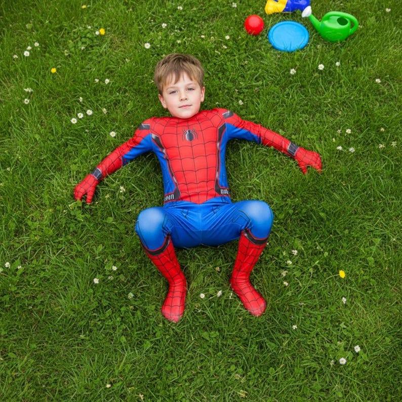 Puede incluir: Un ni&ntilde;o con un disfraz de Spider-Man rojo y azul yace sobre hierba verde. El disfraz presenta un emblema de ara&ntilde;a y patrones de telara&ntilde;a. Peque&ntilde;os juguetes est&aacute;n dispersos cerca, incluyendo una pelota roja y una regadera verde.