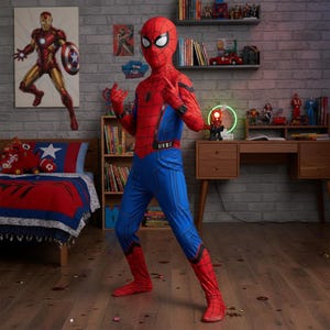 Puede incluir: Un ni&ntilde;o con un disfraz de Spider-Man rojo y azul, con detalles de telara&ntilde;a. El disfraz incluye una m&aacute;scara, guantes y botas. El fondo muestra un dormitorio con decoraci&oacute;n de superh&eacute;roes, incluyendo una cama y obras de arte.