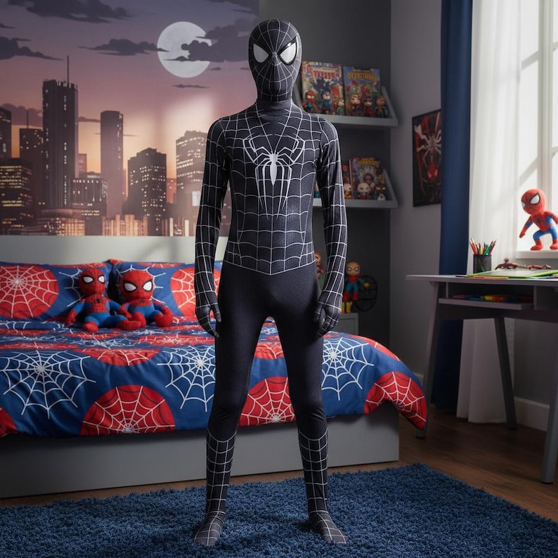 Svart Spider-Man-kostym | Symbiot Venom-kostym för barn | Halloween Cosplay-body bild 2