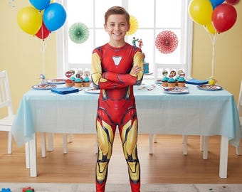 Iron Man Red Gold Costume | Superhero Kids Jumpsuit | Cosplay Halloween Party Suit