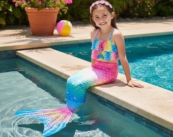 Rainbow Mermaid Tail | Girls Swimsuit with Monofin | Kids Fantasy Swimwear