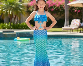 Mermaid Tail Costume | Girls Blue Green Swimsuit | Scale Pattern Dress Up