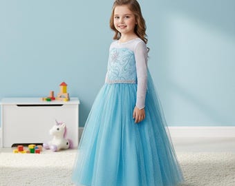 Snowflake Princess Dress | Blue Tulle Gown for Girls | Long Sleeve Fancy Costume