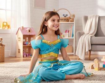 Prinsesskostym Jasmin | Blågrön paljettdräkt | Klädlek för flickor