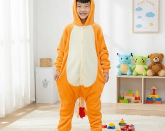 Charmander Kigurumi | Kids Plush Pokemon Onesie | Cozy Animal Sleepsuit Costume