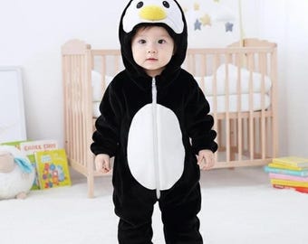 Penguin Hooded Romper | Soft Fleece Baby Jumpsuit | Newborn Infant Pajamas