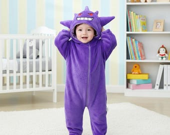 Mono con capucha de Gengar / Mono de forro polar morado suave / Disfraz para bebé niño pequeño