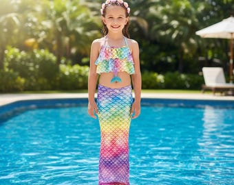 Rainbow Mermaid Tail Swimsuit | Girls Princess Swimwear | Kids Summer Beach Costume
