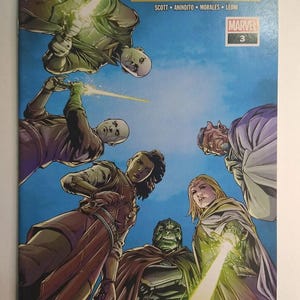 May include: Comic book cover for Star Wars: The High Republic #3. The cover features several characters with lightsabers, set against a blue sky background. The Marvel Comics logo is visible.