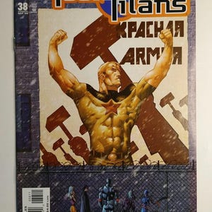 May include: Teen Titans comic book cover featuring a muscular character with a star emblem, arms raised. The title "Teen Titans" is in blue and orange. The background includes the text "KPACHAЯ ARMA" and a brick wall.