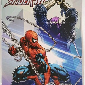 May include: Comic book cover for "Non-Stop Spider-Man" #4. The cover features Spider-Man in a dynamic pose, with a villain wielding a sword. The artwork is vibrant, with Spider-Man in his classic red and blue suit. The Marvel logo is visible.