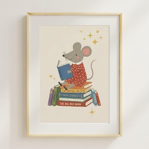 May include: A framed print featuring a charming illustration of a gray mouse in a red polka-dot dress, reading a blue book while seated atop a stack of colorful books. The books include titles like "Animal Tales" and "Fairy Stories".