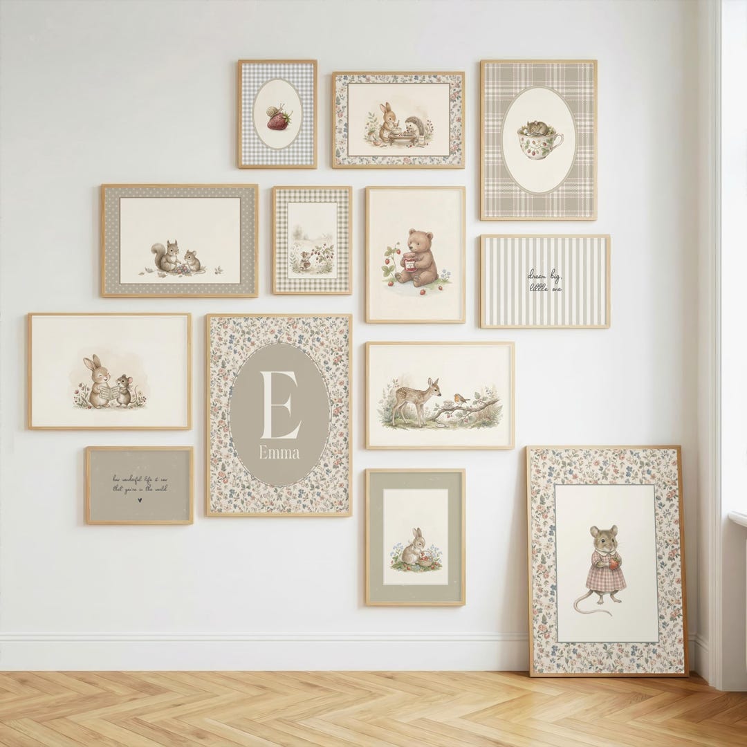 Vintage Woodland Nursery Wall Art Bundle, 50 Prints, Personalized Baby ...