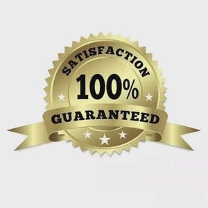 Puede incluir: Una insignia circular de color dorado con un borde dentado que presenta el texto negro SATISFACTION 100% GUARANTEED. El dise&ntilde;o incluye una banda central en el medio y cinco peque&ntilde;as estrellas blancas dispuestas alrededor del emblema.