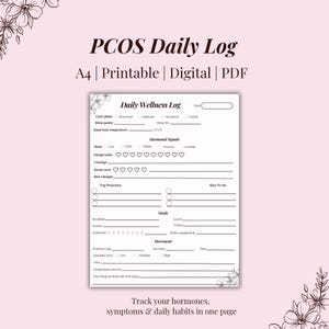 Può includere: Un documento bianco stampabile, digitale e PDF del registro giornaliero PCOS. Il registro include sezioni per la fase del ciclo, la qualità del sonno, la temperatura basale, l'umore, l'energia, le voglie, lo stress, i cambiamenti della pelle e altro ancora. Il testo "Tieni traccia dei tuoi ormoni, dei sintomi e delle abitudini quotidiane in una pagina" è in basso.