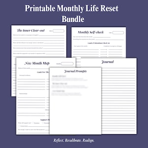 May include: A collection of printable journal pages for monthly life reset. The pages include prompts for self-reflection, goal setting, and journaling. The text on the pages includes "The Inner Clear-out", "Monthly Self-check", "New Month Map", and "Journal". The overall color scheme is white and navy blue.