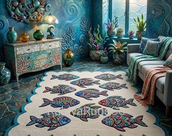 Colorful Fish Area Rug, Coastal Ocean Theme, Beach House Nautical Carpet 8 x 10 ft wool Rug