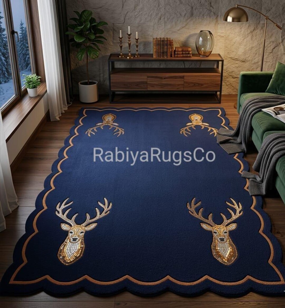 Hand Tufted Deer Rug, Navy Blue Scalloped Lodge Carpet, Custom Wool ...