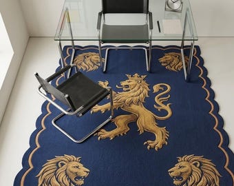 Hand Tufted Wool Carpet, Scalloped Edge Statement Rug, Luxury Décor, Royal Lion Crest Rug, Blue Heraldic Area Rug 8 x 10 Ft Rug