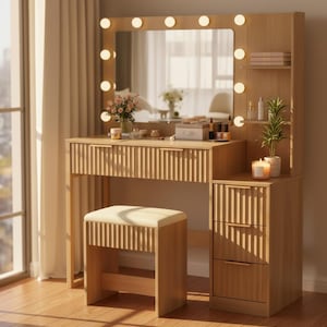 Moderner Schminktisch mit geriffelter Oberfläche und beleuchtetem Spiegel | Schminktisch mit Hocker | Glamouröser Schminktisch | Schlafzimmermöbel mit geriffelter Oberfläche | Beauty-Station