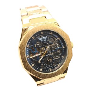 Used Luxury Gold Skeleton Automatic Watch Black Dial Diamond Markers Mens Wristwatch