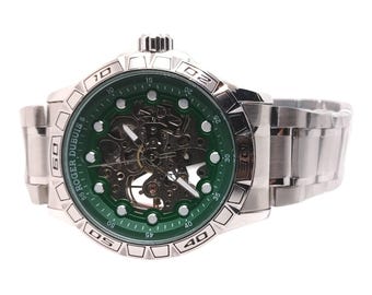 Used Green Skeleton Dial Men's Sport Watch, Luxury Silver Stainless Steel Watch, Mechanical Wristwatch