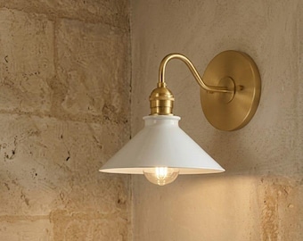 Brass Gooseneck Sconce with White Ceramic Shade – Farmhouse Vintage Wall Light