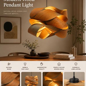 May include: A modern wood pendant light with a unique, organic twisted shape. The light fixture is made of natural wood and emits a warm, inviting glow. The text on the image says "Modern Wood Pendant Light."