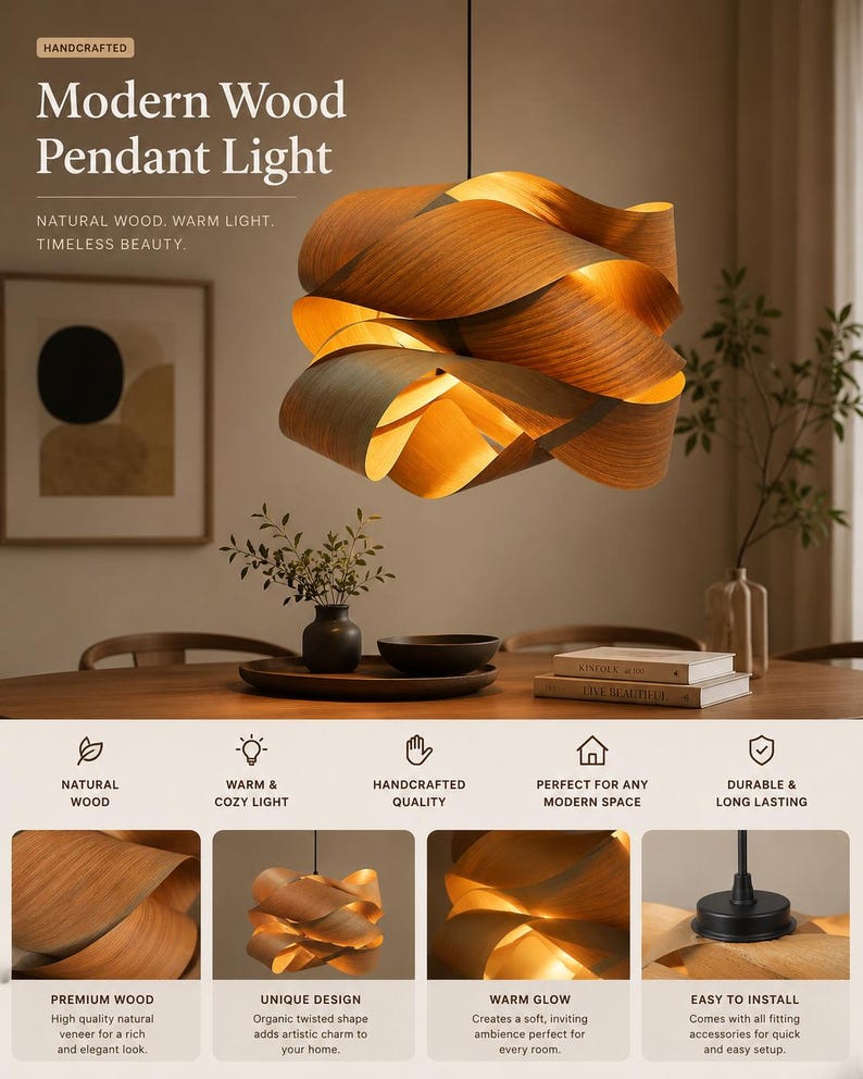 May include: A modern wood pendant light with a unique, organic twisted shape. The light fixture is made of natural wood and emits a warm, inviting glow. The text on the image says "Modern Wood Pendant Light."