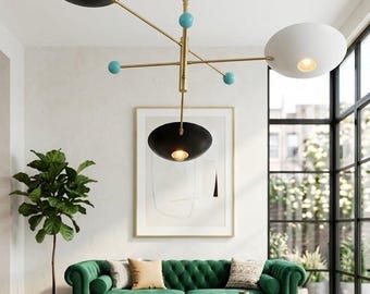 Mid Century Modern Brass Chandelier, Italian Stilnovo Pendant Light, Turquoise Accents